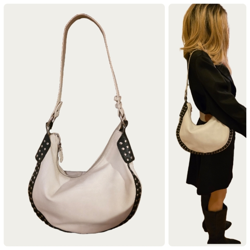 Claudia Firenze Studded White Leather Hobo Black Trim